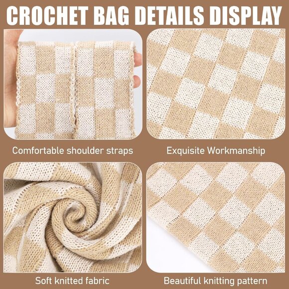 Khaki Checkered Crochet Beach Tote for Women Summer Casual Vintage Stylish Large - Picture 5 of 6